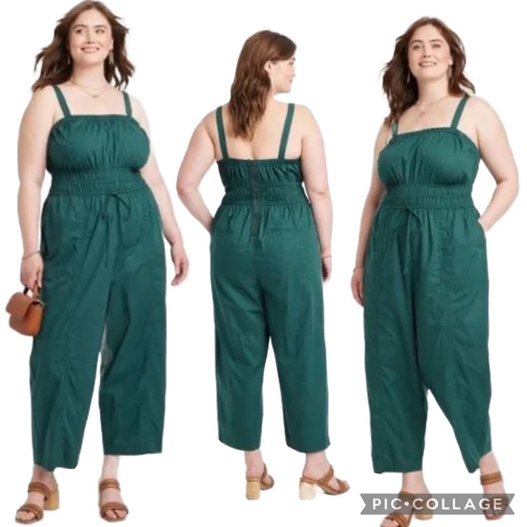 Universal Thread Green Hue Smocked Waist Wide-Leg Cropped Jumpsuit Size XL - Picture 1 of 16
